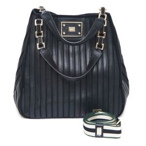 ANYA HINDMARCH Black Leather Suede Shoulder Bag BELVEDERE Hobo Gold Canvas Strap